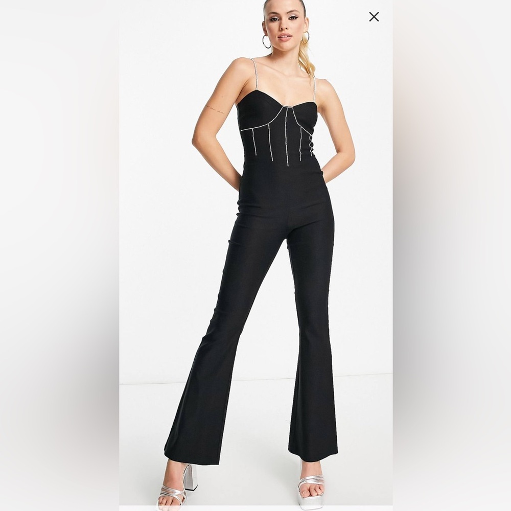 QED London Tall corset wide leg jumpsuit with diamanté detail in black
